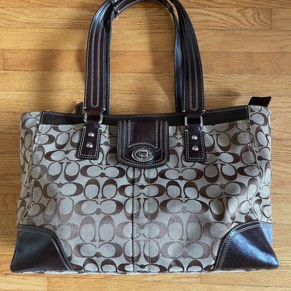 Coach Hampton Canvas Handbag 15”L x 9”H x 5”W Beige with Dark Brown Acce… - Picture 1 of 11